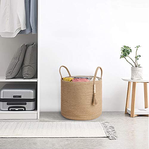 Mkono Woven Storage Basket Decorative Natural Rope Basket Wooden Bead Decoration for Blankets,Toys,Clothes,Shoes,Plant Organizer Bin with Handles Living Room Home Decor, Jute, 16" W × 13.8"L - color: Brown, size: 16" W × 13.8"L