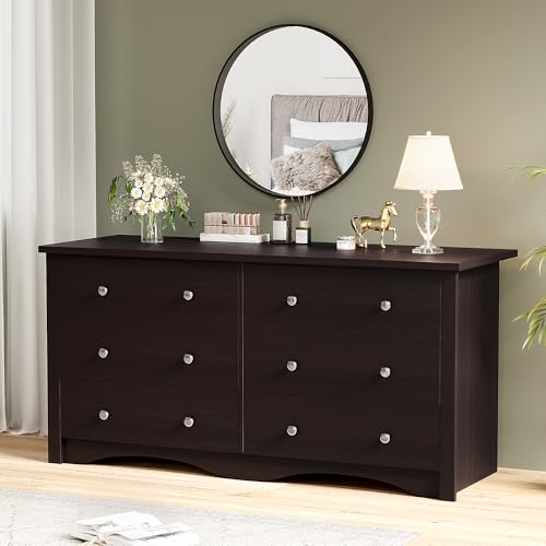 YESHOMY 6 Drawer Dresser for Bedroom, Wood Dresser, Chest of Drawers Storage Organizer, TV Stand for 55 inch TV, for Living Room, Hallway, Closet (Dark Brown) - color: Dark Brown
