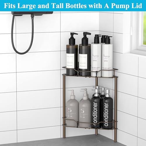 HuggieGems 2 Tier Floor Standing Corner Shower Caddy Organizer Shelf with Hooks, Bathroom Shelves Stand Rack, Bronze - color: Bronze, size: 2 Tier
