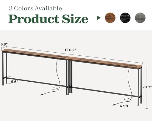 SUPERJARE 110.2 Inch Sofa Table with Power Outlets and USB-C Ports, 5.9 Inch Narrow Console Tables, Entryway Hallway Couch Tables with Storage, Behind Sofa, Small Spaces, Living Room, Rustic Brown - color: Rustic Brown, size: 5.9''D x 110.2''W x 29.7''H