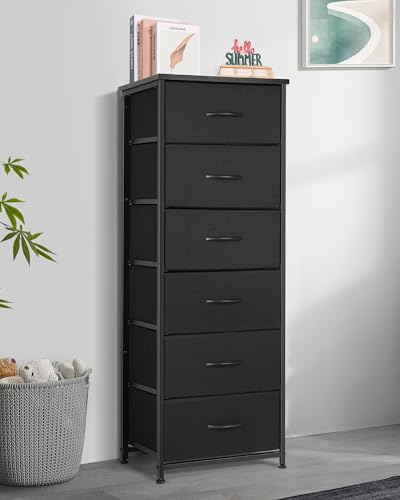 Mifuro Tall Dresser for Bedroom with 6 Drawers, Vertical Storage Organizer Tower, Chest of Drawers with Fabric Bins, Steel Frame, Wood Top for Bedroom, Closet, Entryway- Black - color: Black, size: 6 Medium Drawers