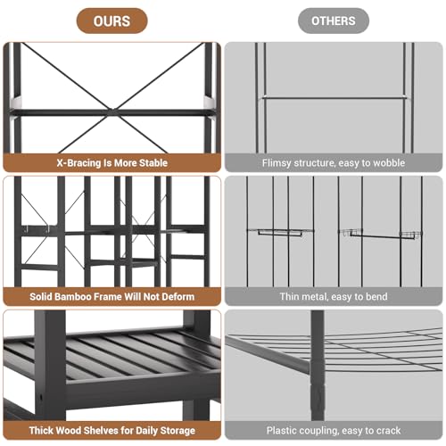 Homykic Bamboo Closet System Clothes Rack, Large Freestanding Garment Rack Clothing Rack for Hanging Clothes with 7 Storage Shelves and 5 Rods, Open Wardrobe Organizer with 4 Hooks, Black - color: Black, size: III Large