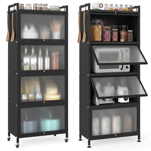 Giantex 5-Tier Kitchen Storage Cabinet, Mobile Microwave Stand with Flip-up PC Doors, Freestanding Kitchen Bakers Rack with 4 Rolling Casters, for Dining Room, Living Room and Study, Black - color: Black