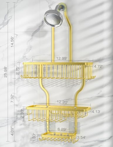 YASONIC Never-Rust Aluminum Hanging Shower Caddy – Over-the-Showerhead Organizer with 10 Hooks for Razor and Sponge – Includes Soap Basket – Gold - color: Gold