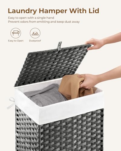 Greenstell Laundry Hamper with Lid, 90L Clothes Hamper with 2 Removable Liner Bags & 2 Mesh Laundry Bags, Handwoven Synthetic Rattan Laundry Basket for Clothes, Toys in Bathroom, Bedroom Grey - color: Gray, size: 90L (18.1 x 13.0 x 23.6 inches)