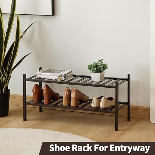 2-Tier Bamboo Shoe Rack for Entryway, Stackable | Heavy Duty | Multi-Function, Free Standing Shoe Racks for Bedroom Hallway Closet - color: Brown, size: 2-Tier-Standard