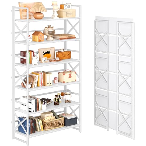4NM Extra Wide 6 Tiers No Assembly Book Shelves, 61.8" H Folding Bookshelf Bookcase Open Industrial Foldable Shelves for Bedroom, Living Room, Home Office - All White - color: All White, size: Wide XX 6-Tier