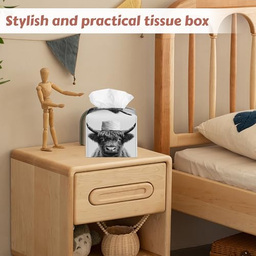 2 Pcs Tissue Box Cover Square,Funny Highland Cow Tissue Box Holder Leather Facial Paper Organizer Dispenser for Bathroom Kitchen Bedroom Night Stand Office Desk - color: Funny Highland Cow