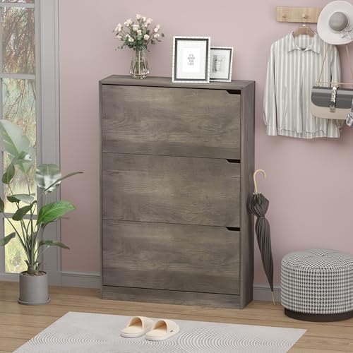 BORNOON Shoe Cabinet with 3 Flip Drawers, Hidden Wood Shoe Cabinet,Freestanding Shoe Storage Cabinet for Entryway Hallway - color: Grey, size: 3 Drawers