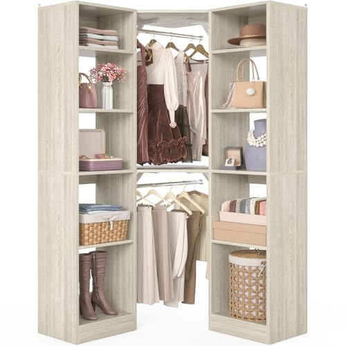 Besiost Corner Closet System with 12 Shelves, 39.2" Corner Closet Organizer System with 2 Hanging Rods, Versatile 6-Tier Walk-in Closets for Corner Space, White Oak (39.2" L x 39.2" W x 80" H) - color: White Oak, size: 39.2" - Without Lights