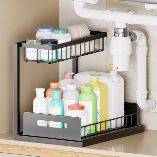 VUSIGN Under the Sink Organizer, 2-Tier Pull Out Cabinet Organizer, Metal Slide Out Storage for Bathroom Kitchen, 1 Pack, Black - color: Black-1PC