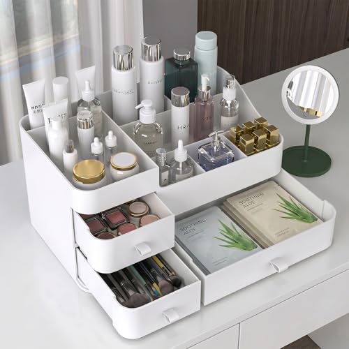 MIUOPUR Makeup Organizer with Drawers, Bathroom Counter Organizer, Plastic Cosmetic Display Case, Large Skincare Storage for Vanity Countertop, Ideal for Bedroom Dresser top and Desktop - color: Artic White