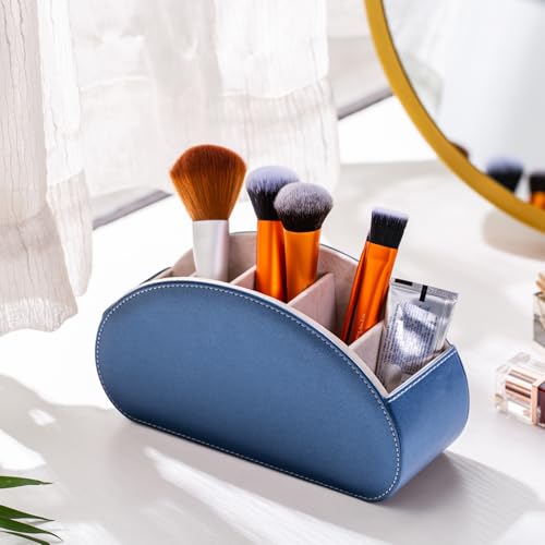 Remote Control Holders Organizer Box with 5 Compartment PU Leather Multi-functional Office Desk Storage Caddy Store Tv Remote for Media Player,Brush,Pencil,Glassees&Office Supplies (Champagne Blue) - color: Champagne Blue, size: S