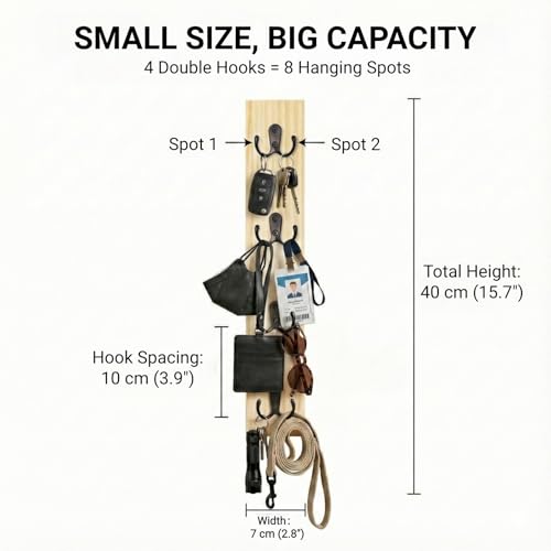 Vertical Key Holder for Wall & Dog Leash Holder – Solid Wood Wall Mount Key Rack with 8 Hooks – Small Space Saving Entryway Organizer for Keys, Lanyards, Masks (Adhesive or Screws)(Natural) - color: wood