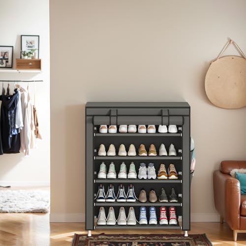 Laiensia 5-Tier Vertical Shoe Rack Organizer, Space Saving Shoe Storage Organizer, Non-Woven Cover Shoe Shelf Holds 20-25 Pairs for Bedroom, Hallway, Closet Entryway, Grey - color: Grey, size: 5-tier