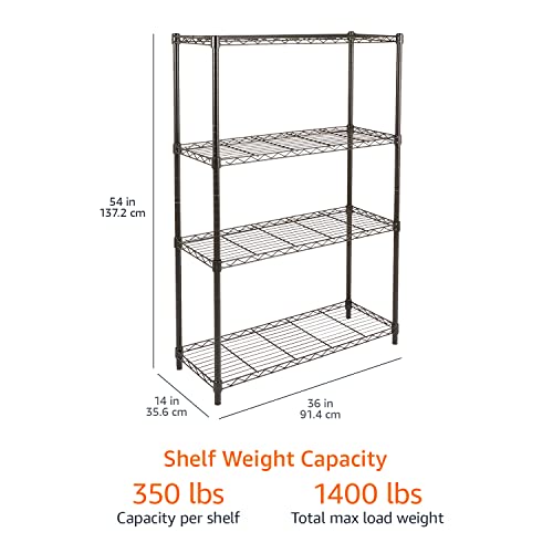 Amazon Basics 4-Shelf Adjustable Heavy Duty Steel Wire Rack Storage Shelving, Sturdy Garage Shelving, 350 lbs Capacity Per Shelf, Easy No-Tool Assembly, 36" x 14" x 54", Black | Heavy Duty, Adjustable, for Kitchen, Garage, Storage, Shelving Organizer - co