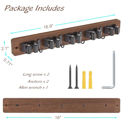 OUTNILI Mop and Broom Holder Wall Mount - Wood Broom Mop Hanger - Wall Mounted Garden Tool Rack Organizer for Closet Garage Laundry Room for Rustic Kitchen Decor With 5 Slots & 4 Hooks - color: Brown-5 Grips, size: 1 Pack