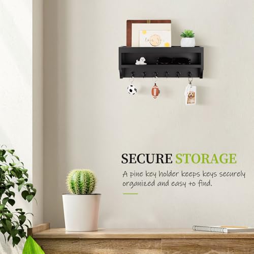 Nekon Key Holder Wall Mount, 12.8" W x 5.6" H x 3.7" D Wall Mounted Key and Mail Organizer with 6 Key Hooks, Key Racks for Home Entryway Decor (Black) - color: Black