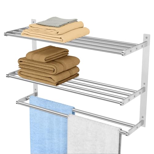 Towel Racks for Bathroom Wall 24 Inch, 3 Tier Bathroom Towel Shelf with Double Towel Bar, Stainless Steel Towel Rack with Towel Shelf, Towel Hanger Holder for Bathroom Towel Storage, Brushed Nickel - color: Brushed-nickel, size: 24IN (2 Bar)