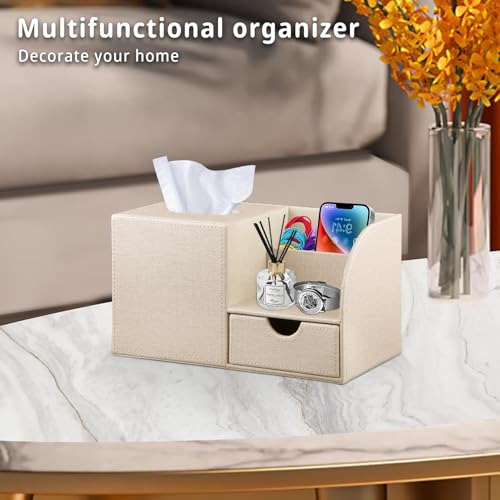 YAPISHI Square Tissue Box Cover with Storage Drawer, PU Leather Facial Tissues Cube Boxes Holder Modern Makeup Remote Control Holder, Nightstand Organizer Caddy for Bathroom Vanity, Office, Home Decor - color: Beige