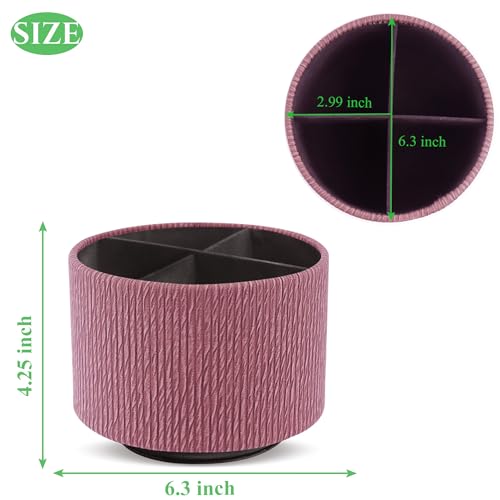 Round Leather Art Supply Organizer,Remote Control Holder,360 Degree Spinning,Multi-Functional Pencil Holder,4 Compartments Desktop Stationary Organizer(1-Wood Pink) - color: 1-Wood Pink