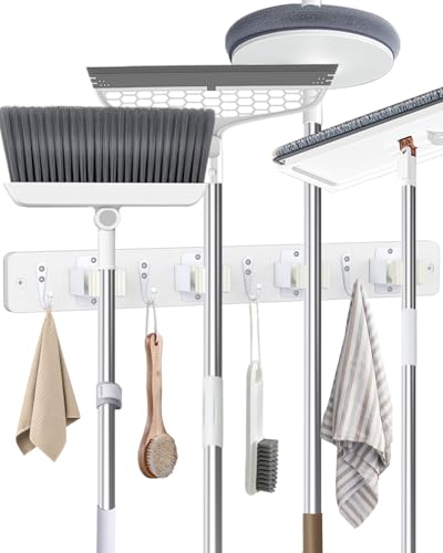 AceMining Broom Holder Wall Mounted, White 4 Holders and 4 Hooks Mop Holder, Wooden Mop and Broom Holder with Anti slip rubber, Natural pine wood Brush Holder, Mop Wall Holde with Nail installation - color: White, size: 1 Pack