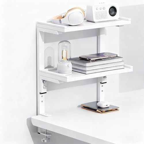 Spacrea clamp on Desk Shelf, 2 Tier Office Desk Shelves Organizer, Wood Desktop Supplies Storage Rack, Desk Organizers and Accessories (White) - color: White