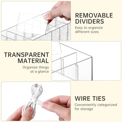 FRETONBA 2Pcs Cable Charger Organizer Box, Large Cords Storage Organizer with Adjustable Compartments and Wire Ties, Stackable Cord Organizer for Drawer - Clear - size: Large 2Pcs