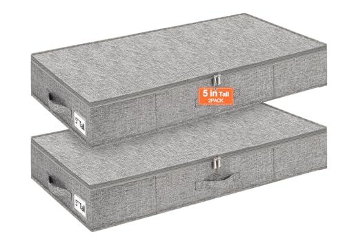 punemi 5 inches High Low Profile Under Bed Storage, Underbed Storage Containers With Sturdy Sidewalls & Bottom, Slim Under Couch Sofa Storage, Shallow Clothes Storage Bins, 2Pack, Grey - color: Grey-rigid-2pack, size: 5 inch