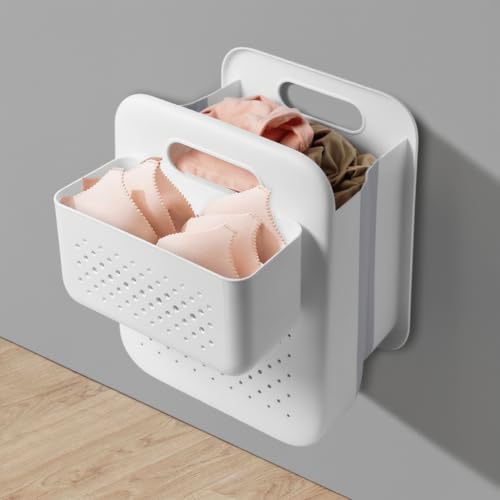 Goderewild Small Collapsible Laundry Basket, Space-Saving Wall-Mounted Hamper with Detachable Mini-Basket, Portable Hanging Organizer for Clothes, Underwear Socks. (White) - size: S+Mini-Basket