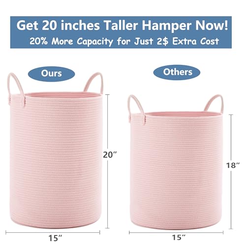 Large Pink Laundry Basket 15x20 Inches, 60L Woven Rope Hamper for Baby Girls and Kids, Tall Nursery Storage Bin, Kawaii Bedroom Laundry Hamper - color: Pink1, size: Large (60L)