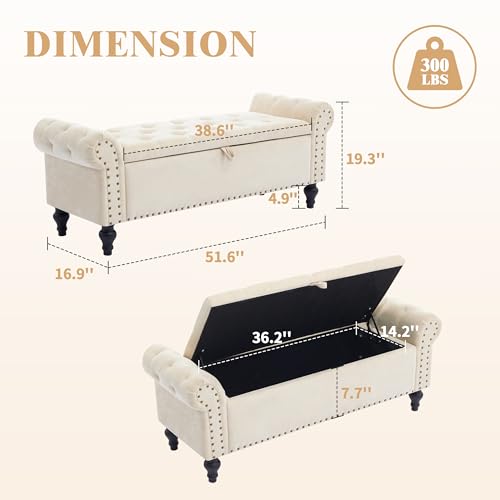 51" Storage Ottoman Bench, End of Bed Bench for Bedroom, Storage Ottomans for Foot of Bed, Chenille Upholstered Benches, Window Benches for Living Room, Entryway, Beige - color: Beige