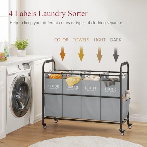 Tajsoon 4 Bag Laundry Sorter Cart, 4 Section Laundry Hamper Sorter with Heavy Duty Lockable Rolling Wheels, Laundry Separator Hamper with Removable Bags for Dirty Clothes Storage, Grey - color: Grey