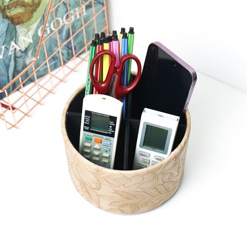 Hennaja Round Leather Art Supply Organizer,Remote Control Holder,360 Degree Spinning,Multi-Functional Pencil Holder,4 Compartments Desktop Stationary Organizer(1-Carved Light Brown) - color: 1-Carved Light Brown