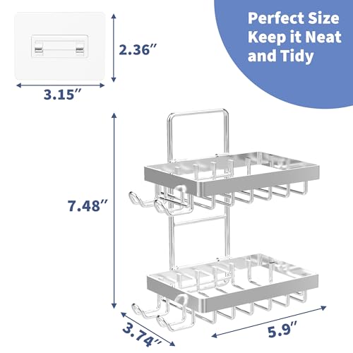 Moforoco Silver Double Soap Bar Holder for Shower, No Drilling Rustproof Stainless Steel, Wall Mounted Soap Holder with 4 Hooks and Razor Holder, Shower Rack Soap Tray Bar Soap for Bathroom & Kitchen - color: Silver, size: 2-T