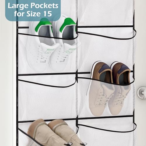 KIMBORA Over The Door Shoe Organizer 12 Large Mesh Pockets Boots Hanging Storage Shoe Rack for Closet White - color: White