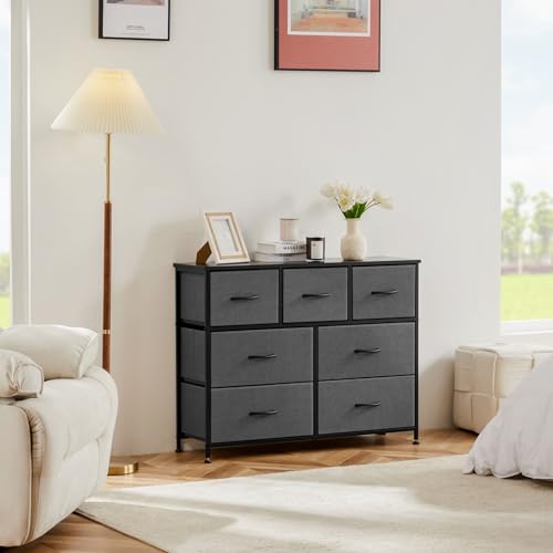OLIXIS 7 Drawers Dresser for Bedroom, Fabric Storage Tower for Living Room, Entryway - Sturdy Steel Frame, Wooden Top & Easy Pull Fabric Bins, Closet Chests Organizer for Clothes, Classic Grey - color: Grey, size: 11.8"D x 39.4"W x 30"H (7 Drawers)