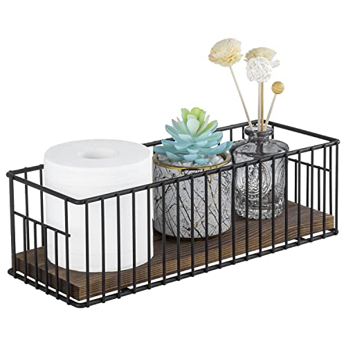 MyGift Toilet Paper Roll Holder Basket, Industrial Matte Black Metal Wire and Rustic Burnt Wood Above Tank Bathroom Toiletries Storage Organizer Vanity Basket - color: Black / Dark Brown