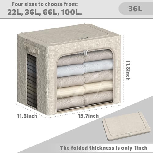 FHSQX 6 Pack Clothes Storage Bins with Metal Frame Foldable Storage Bins for Clothes Linen Fabric Storage Box with Clear Window (Beige, 15.7x11.8x11.8inch(36L)) - color: Beige, size: 15.7x11.8x11.8inch(36L)
