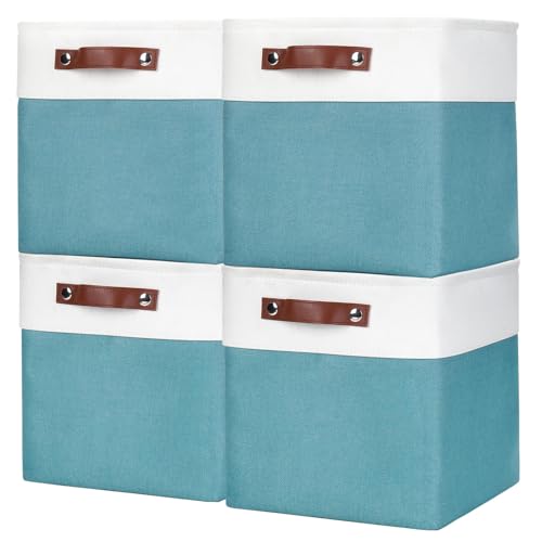 Bagnizer Collapsible Fabric Storage Cubes 11x11 Cube Storage Bins, 4 Pack Closet Baskets Box with Handles for Organizing, Shelf, Toys, Clothes, Home, Office, Nursery (Teal&White) - color: Teal / Off-White, size: Cube - 11"x11"x11"