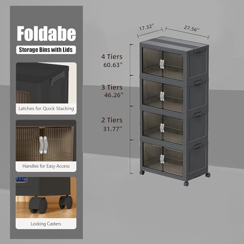 131QT 4 Tier Stackable Storage Bins with Lid & Door, 32 Gal Collapsible Plastic Storage Containers with Locking Wheel, Space Saving Foldable Organizer for Home Bedroom Office Gray 4T - size: 131Qt/32Gal-4Packs/1Top Lid