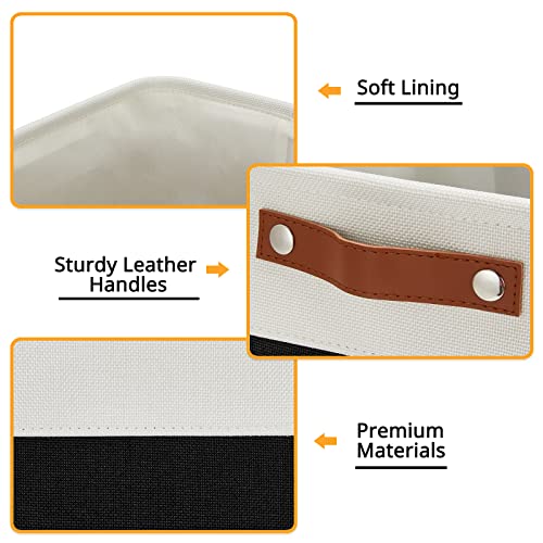 DULLEMELO Large Fabric Basket for Organizing, 17"x12"x15" Storage Basket With Leather Handles, Collapsible Storage Bin for Clothes, Toys, Books, Office, Bedroom, Closet, Nursery&Laundry (White&Black) - color: White&Black, size: Large-17"x12"x15"
