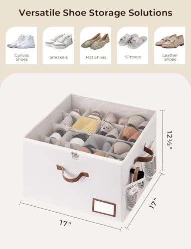 StorageWorks Shoe Organizer for Closet, Shoe Storage Bins with Clear Lid, Fabric Shoe Boxes with Side Mesh Pockets, Closet and Storage Bins for Slippers and Flats, Holds Up to 16 Pairs, Beige - color: Beige, size: Medium-1 Pack