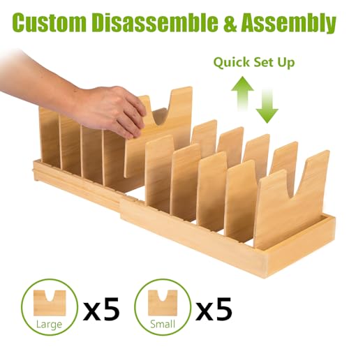 Pots and Pans Organizer for under Cabinet - Expandable Bamboo Pot Lid Organizer, Bakeware and Cutting Board Organizers, Drawer Pot Lid Holder Rack for Kitchen Organizers and Storage