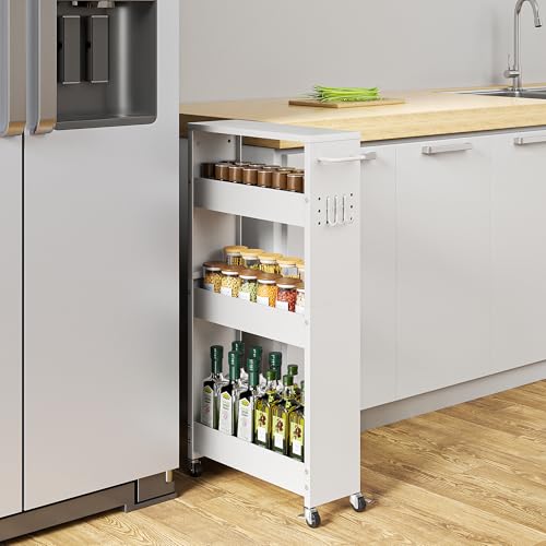 XYZLVSI Slim Storage Cart, 4 Tier Rolling Kitchen Cart on Wheels for Small Space, Narrow Laundry Bathroom Organizers Mobile Shelving Unit Metal Utility Cart with Handle, 5.9in Width, White - size: 5.9IN-White