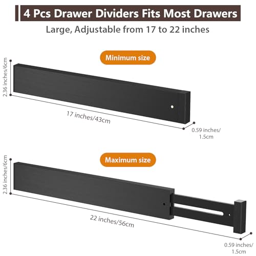 DUCOO 4 PCS Drawer Divider, 17"-22" Adjustable Bamboo Drawer Dividers Organizers, Expandable Separators for Kitchen, Clothes, Dressers, Home, Office, Black - color: Black