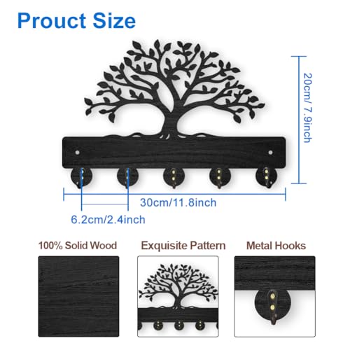 MAYJOYDIY Tree of Life Coat Rack Wall Mount 11.8×7.9inch Lush Tree Key Holder for Wall Decorative Wood Black Key Rack Hanger 5 Alloy Hooks for Wall Art Decor Entryway Front Door Gift - color: Tree of Life
