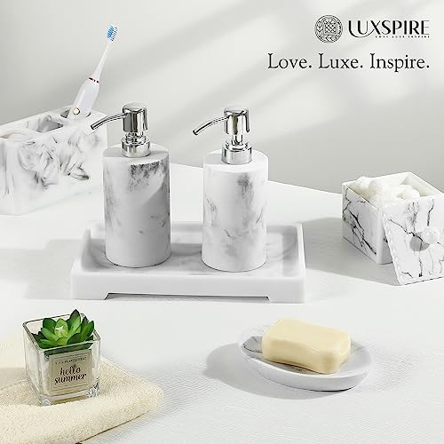 Luxspire Bathroom Vanity Tray, Resin Toilet Tank Tray, Kitchen Trays, 11" x 4" Rectangle Bathroom Tray for Counter, Marble Tray for Soap Dispenser Perfume Jewelry, Small, White Marble - color: B - White Marble, style: Small