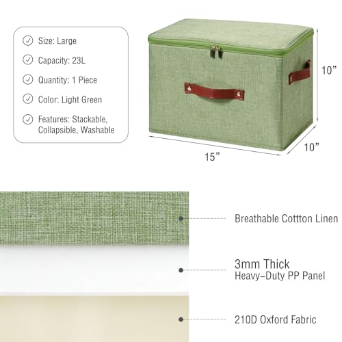 Storage Bin Box with Zippered Lid Cotton Linen Fabric Decorative Basket PU Leather Handles PP Plastic Board Foldable Lidded Clothing Shelf Closet Organizer Container (Light Green, Large) - color: Light Green, size: Large ( Pack of 1 )