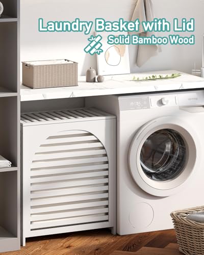 White Laundry Hamper, Laundry Hamper with Lid, 27.3 Gallon (103L) Bamboo Wood Clothes Laundry Basket with Lid and Handles, Removable Liner - color: White, size: Extra Large